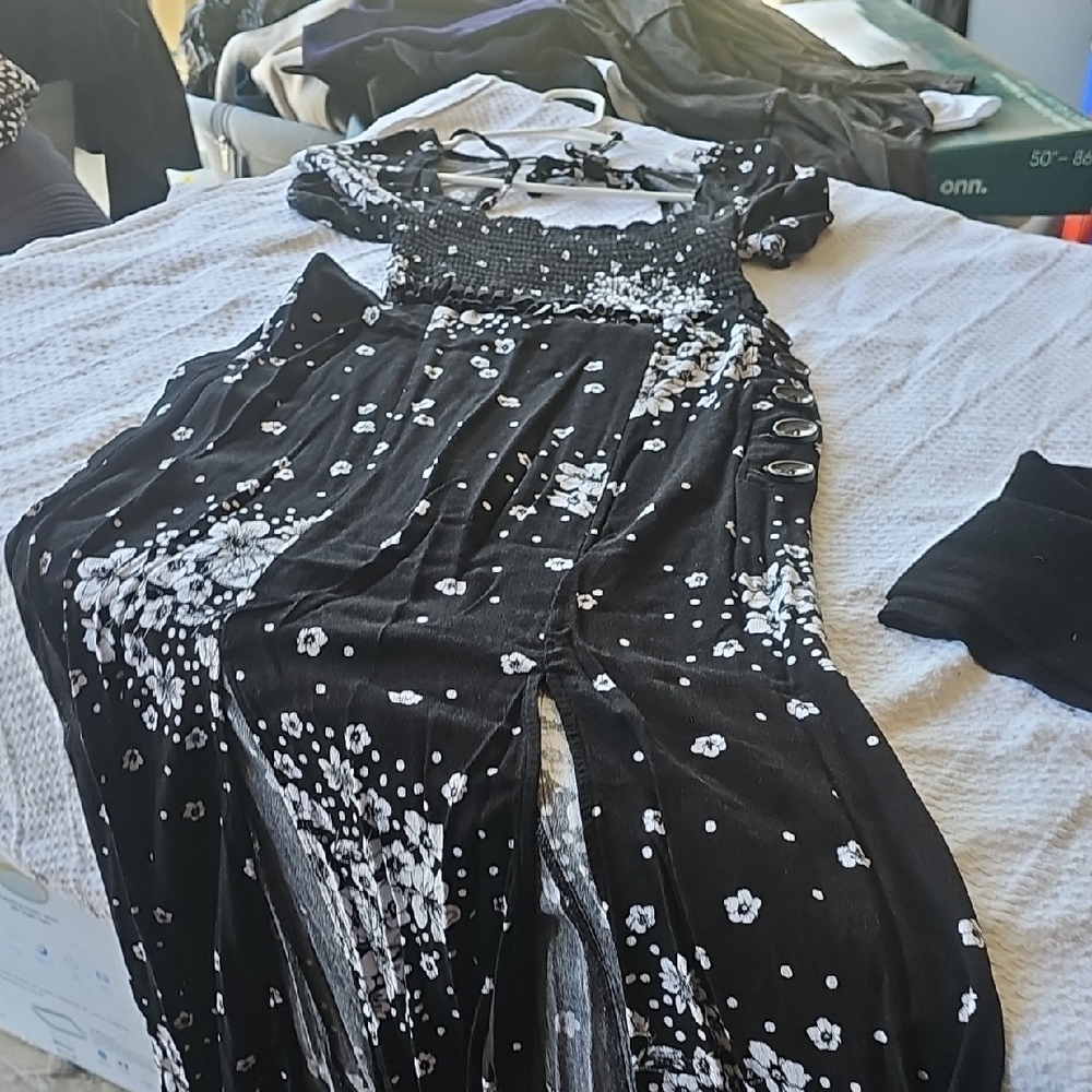 Free People Black and White Speckled Jumpsuit